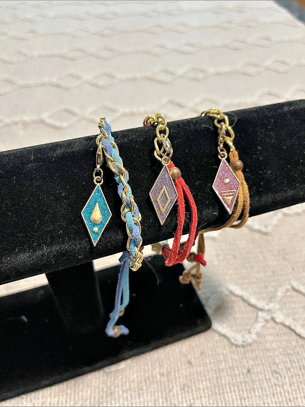 Boho Geometric Charm Bracelet Stack in Blue & Red Like New